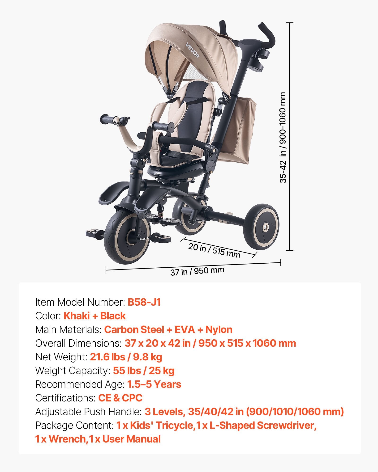 Toddler Tricycle 7-in-1 with Push Handle Canopy Rotating Seat for Boys Girls