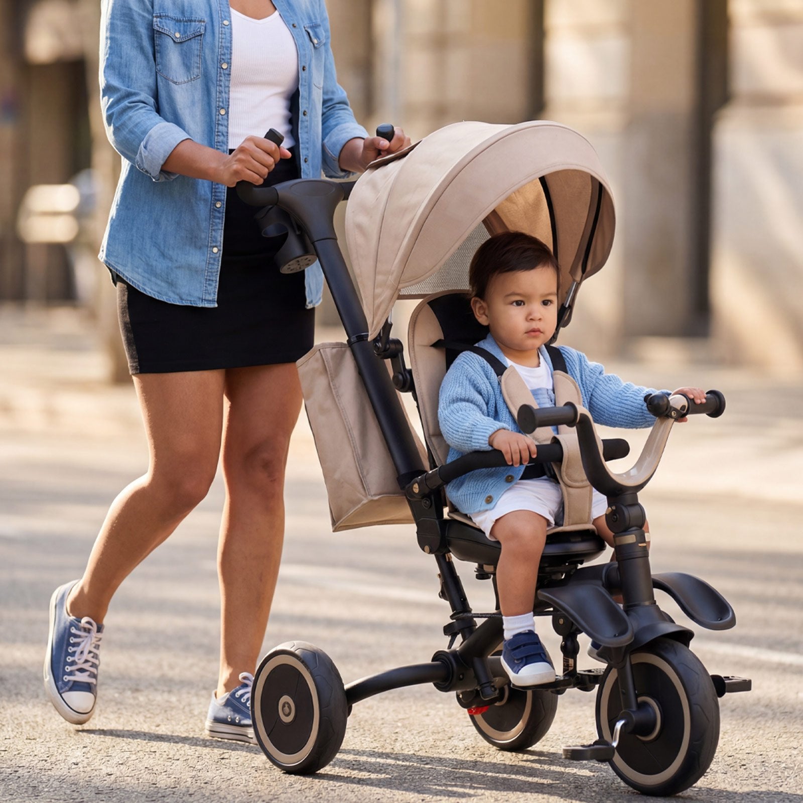 Toddler Tricycle 7-in-1 with Push Handle Canopy Rotating Seat for Boys Girls