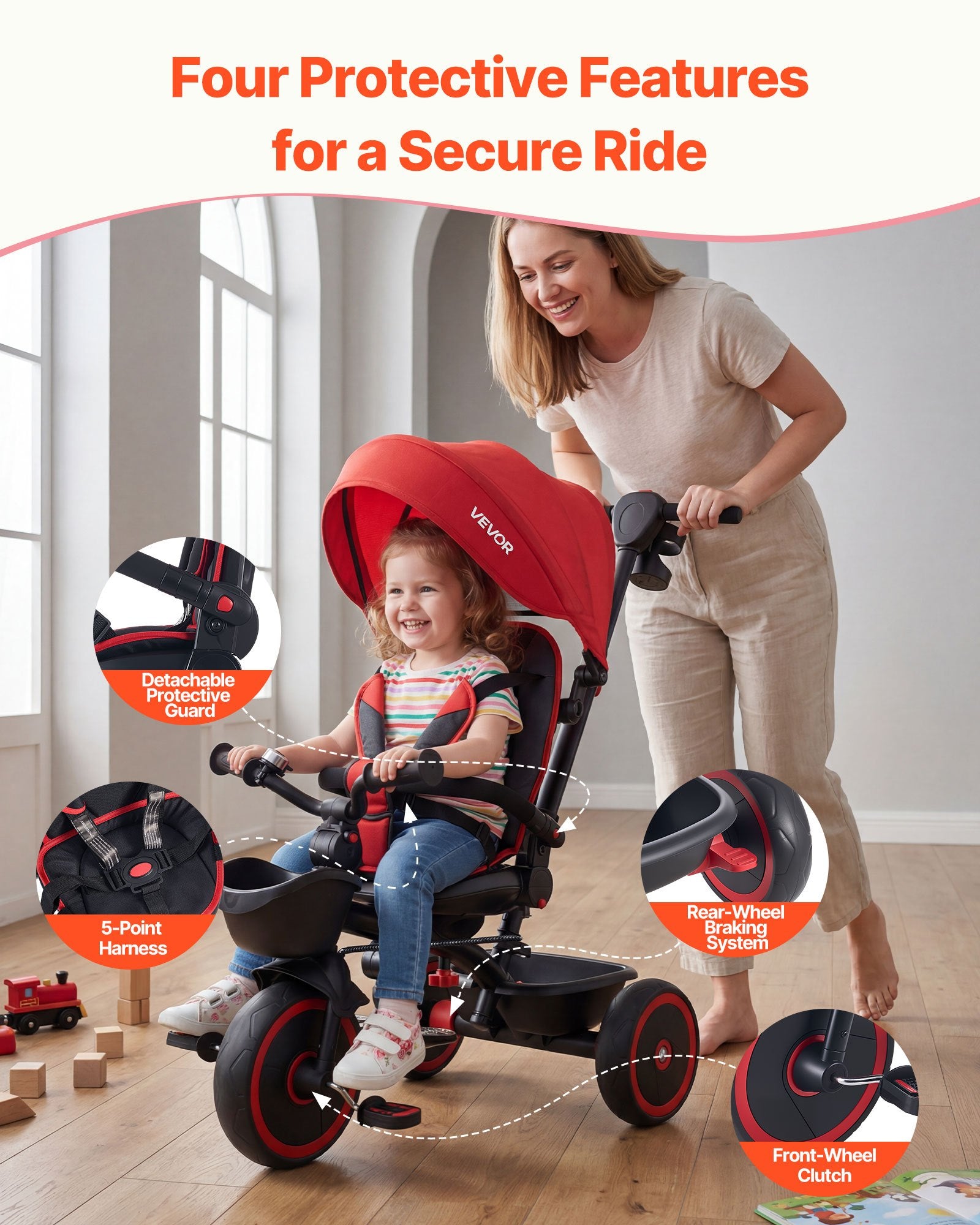 Toddler Tricycle Stroller 6-in-1 Kids Trike Parent Push Handle Canopy Red