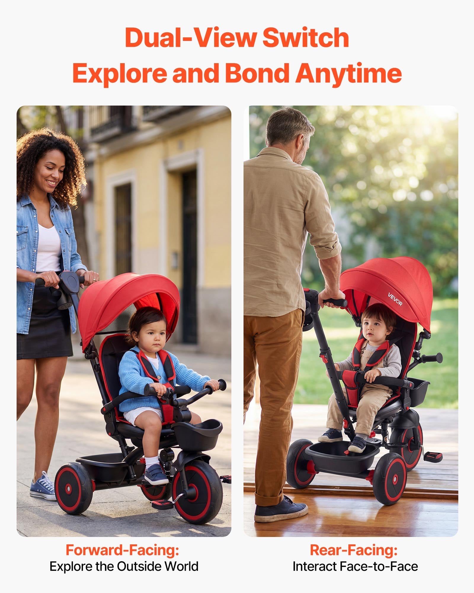 Toddler Tricycle Stroller 6-in-1 Kids Trike Parent Push Handle Canopy Red