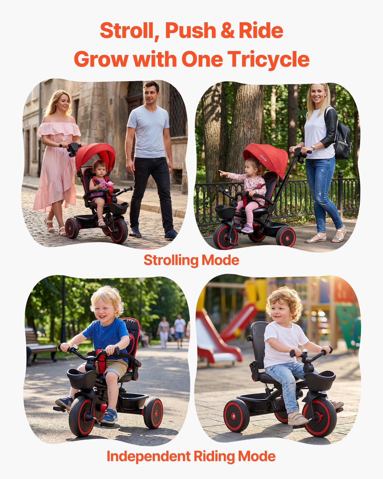 Toddler Tricycle Stroller 6-in-1 Kids Trike Parent Push Handle Canopy Red