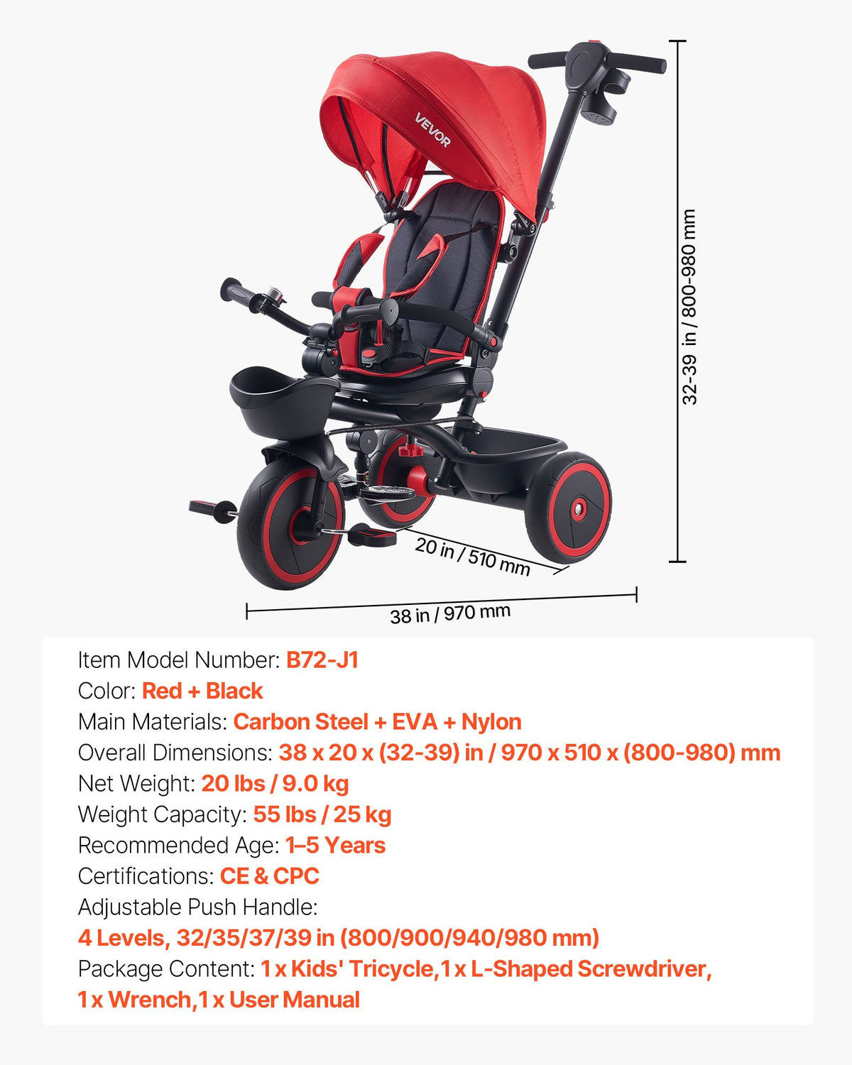 Toddler Tricycle Stroller 6-in-1 Kids Trike Parent Push Handle Canopy Red