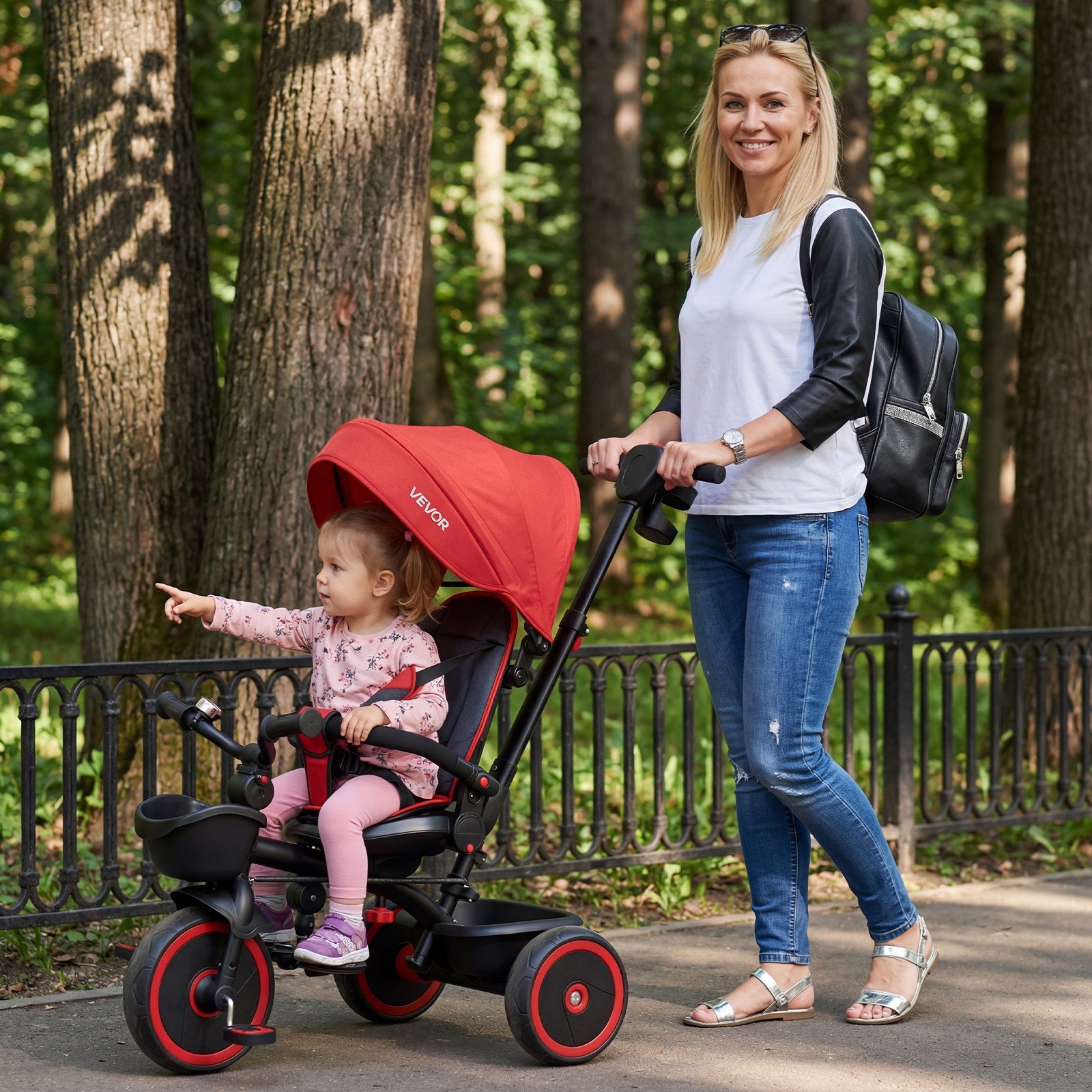 Toddler Tricycle Stroller 6-in-1 Kids Trike Parent Push Handle Canopy Red