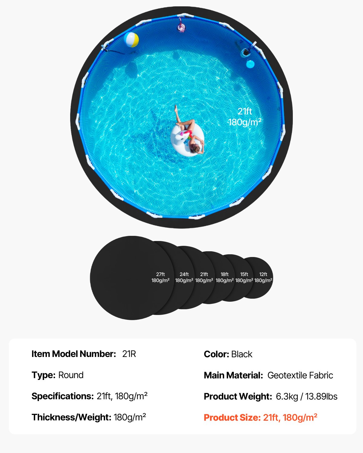 Round Pool Liner Pad 21ft Extra-Thick Recycled Geotextile Underlayment for Pools