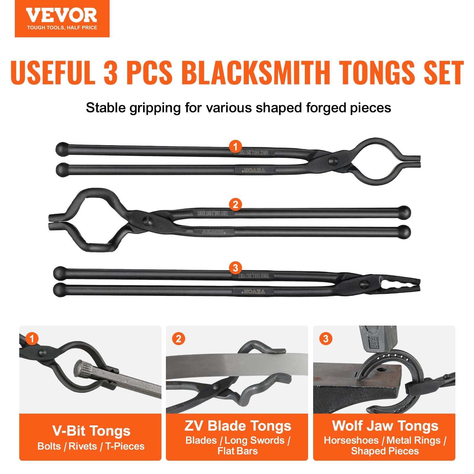3PCS Blacksmith Tongs, V-Bit, Wolf Jaw & Z V-Bit, Carbon Steel with A3 Rivets