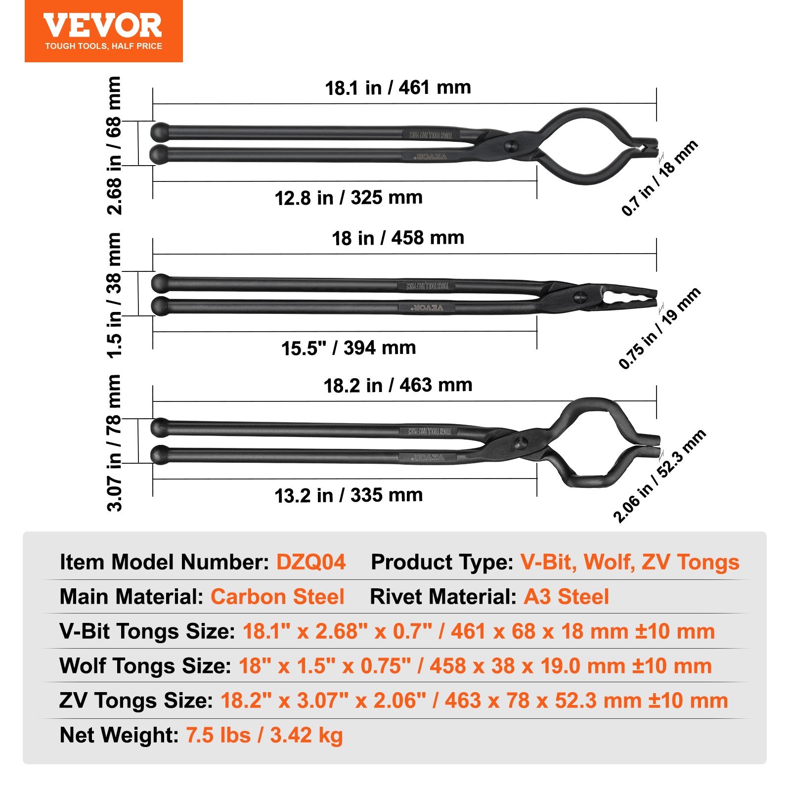 3PCS Blacksmith Tongs, V-Bit, Wolf Jaw & Z V-Bit, Carbon Steel with A3 Rivets