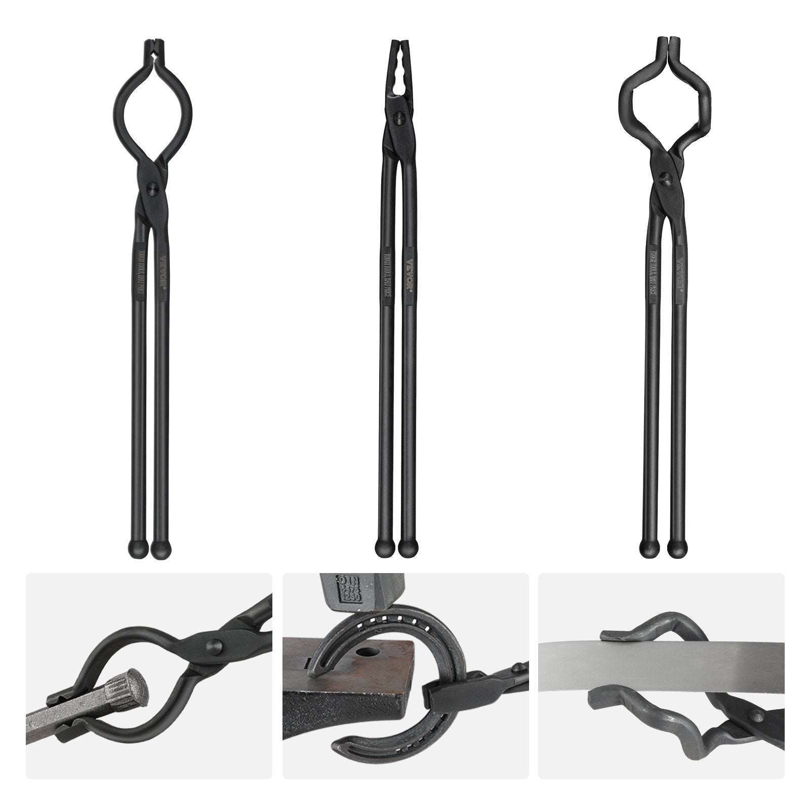 3PCS Blacksmith Tongs, V-Bit, Wolf Jaw & Z V-Bit, Carbon Steel with A3 Rivets
