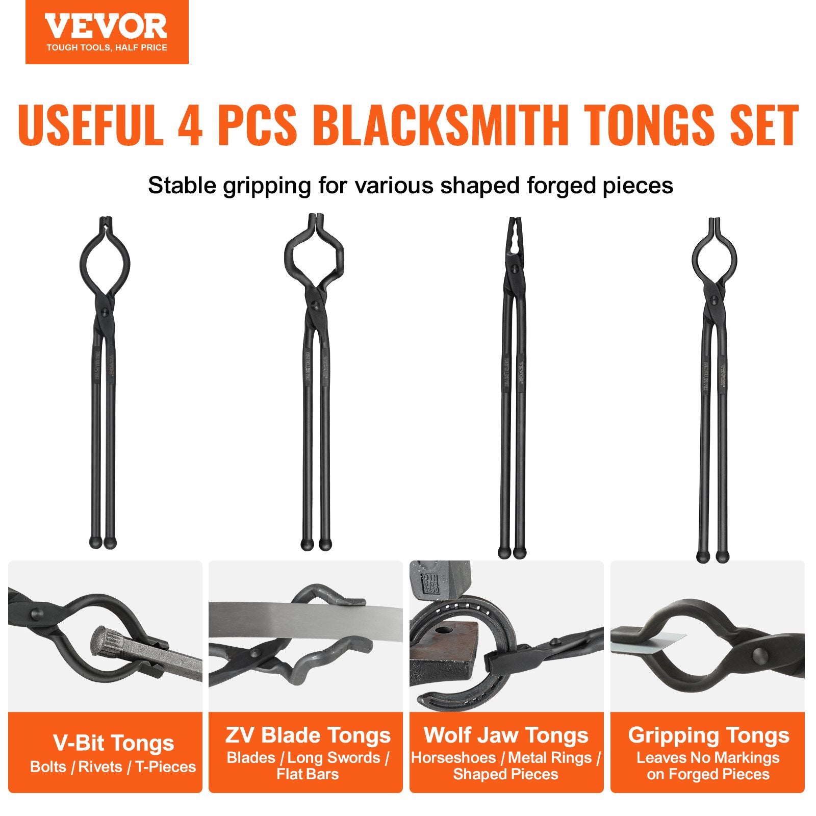 Blacksmith Tongs 4PCS V-Bit Wolf Jaw Z V-Bit Gripping Carbon Steel A3 Rivets