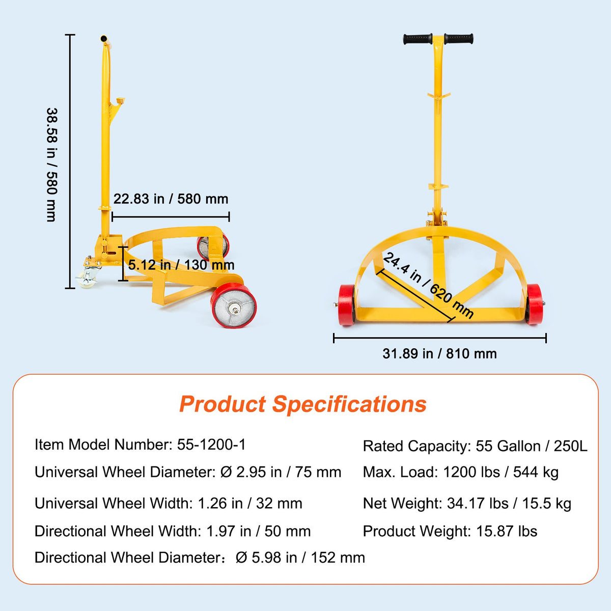 Drum Dolly 250L 544 kg Load Capacity Steel Round Caddy Heavy Duty 3 Wheels