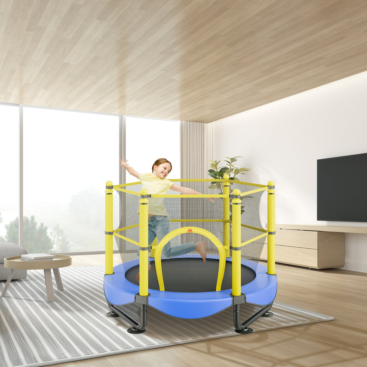 5FT Kids Trampoline 60" Indoor Outdoor with Safety Net, Basketball Hoop & Balls