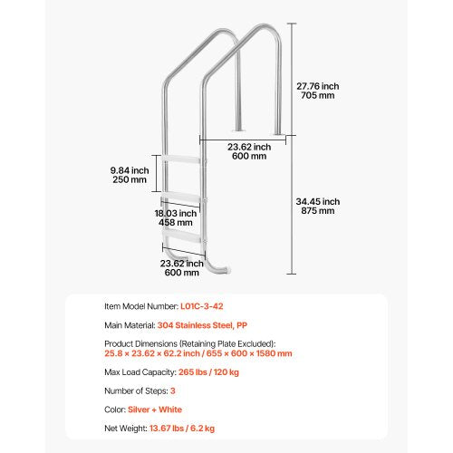 VEVOR 3-Step Stainless Steel Pool Ladder Heavy Duty Non-Slip Handrails