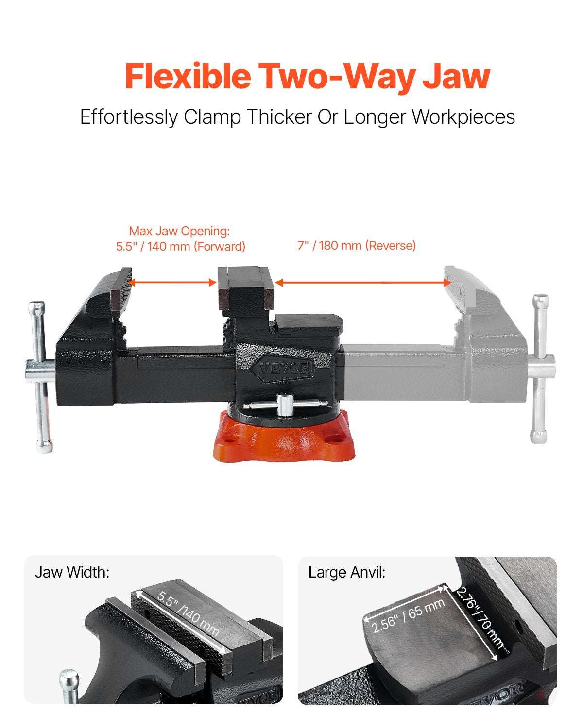 Bench Vise 140mm Jaw Width Two Way Jaws 360° Swivel Base