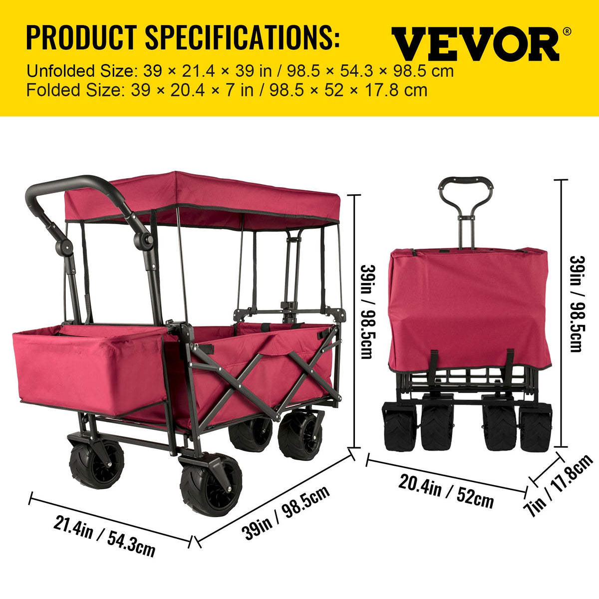 Folding Wagon Cart, Collapsible Folding Garden Cart w/ Shade Beach Utility