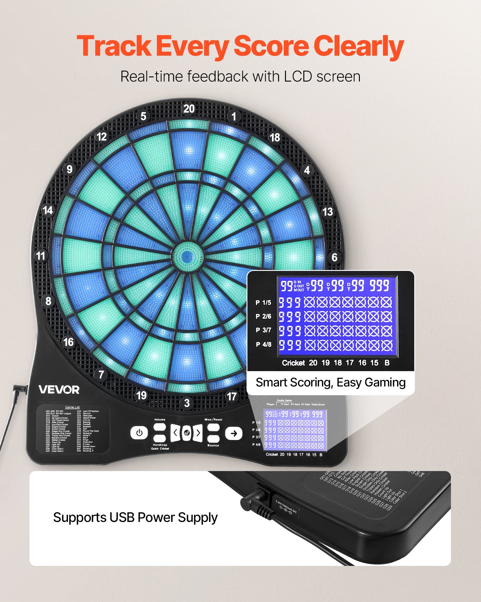 Electronic Dart Board LED Target with 48 Games, 500+ Variations, 6 Darts & LCD