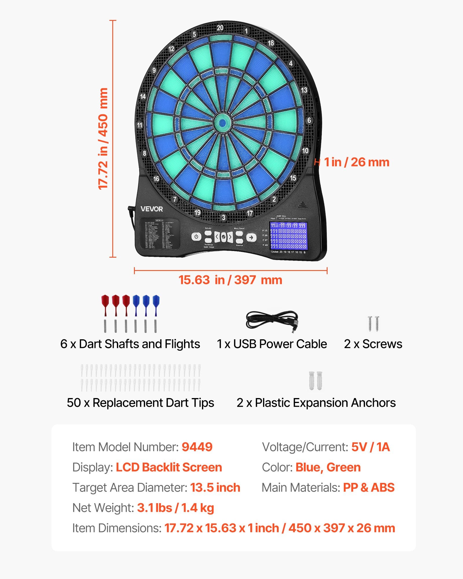 Electronic Dart Board LED Target with 48 Games, 500+ Variations, 6 Darts & LCD