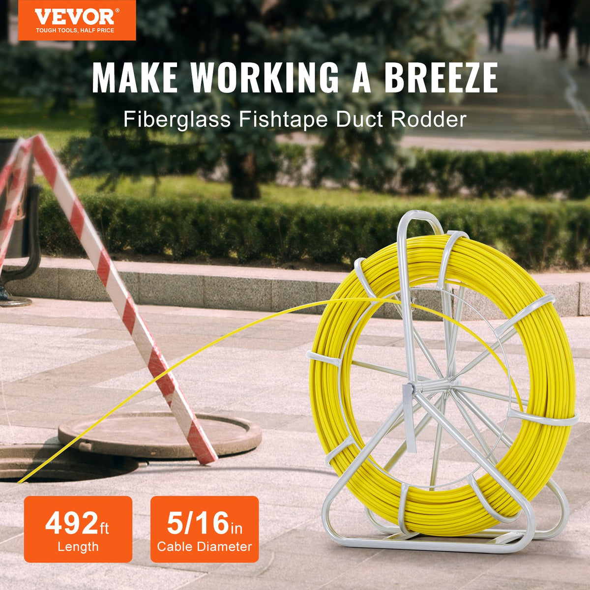 Fish Tape Fiberglass 150m Duct Rodder Wire Puller Steel Reel 3 Heads