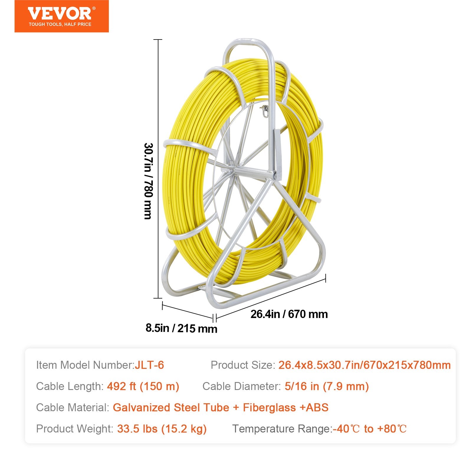 Fish Tape Fiberglass 150m Duct Rodder Wire Puller Steel Reel 3 Heads