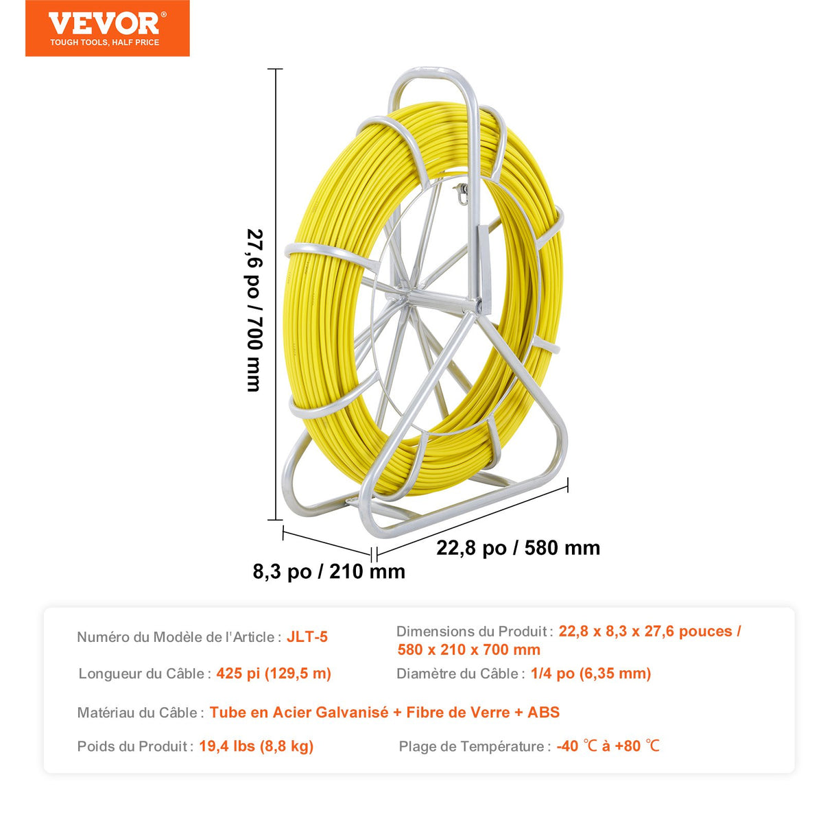 Fish Tape Fiberglass 129.5m Wire Puller Steel Reel 3 Pulling Heads