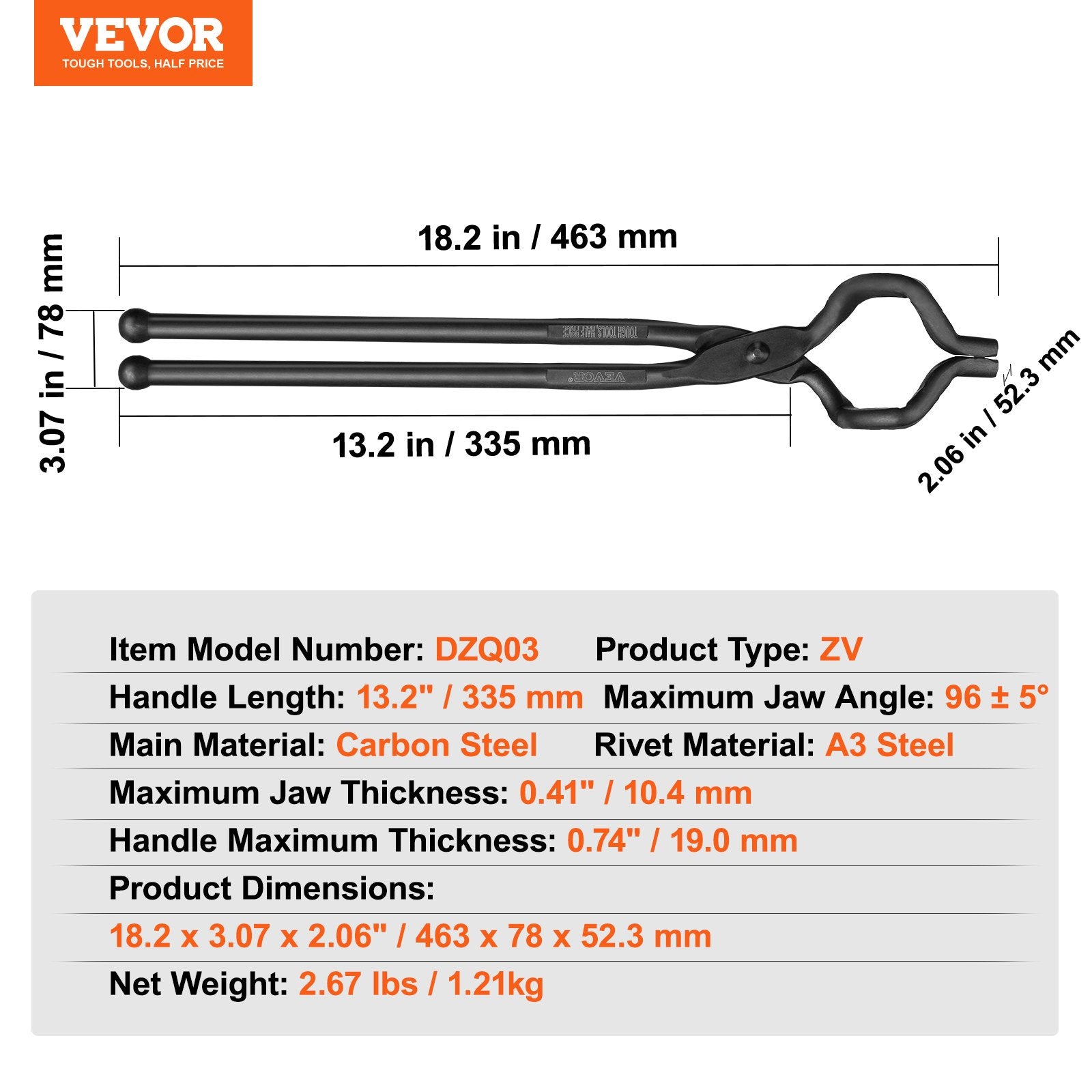 Blacksmith Tongs 463mm Z V-Bit Carbon Steel Forge Tongs with A3 Rivets