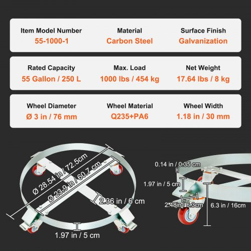 VEVOR 250 L Drum Dolly Heavy Duty 454 kg Load Barrel Cart with 4 Swivel Casters