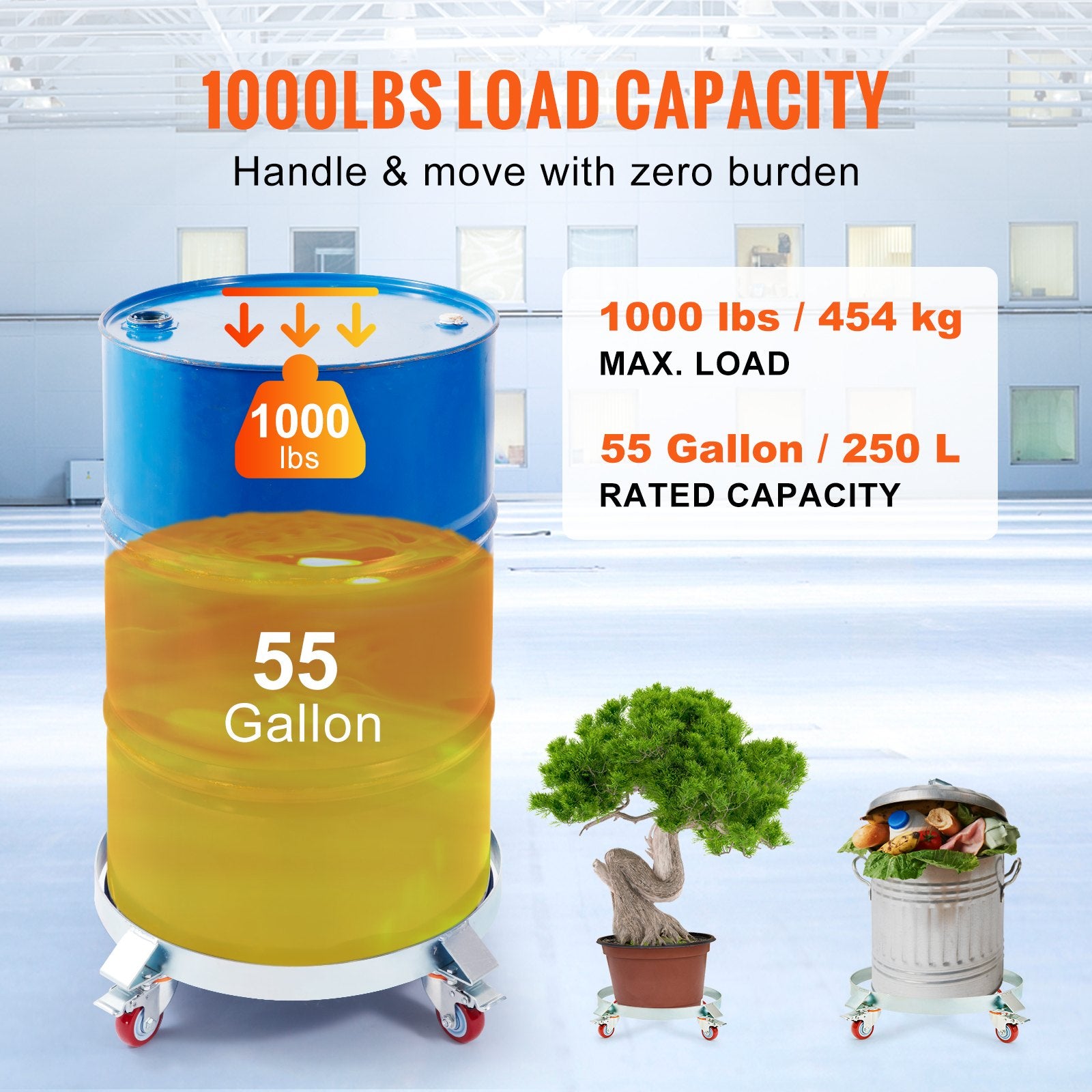2PCS 250L Heavy Duty Drum Dolly 454 kg Load Capacity Steel Frame 4 Swivel Caster