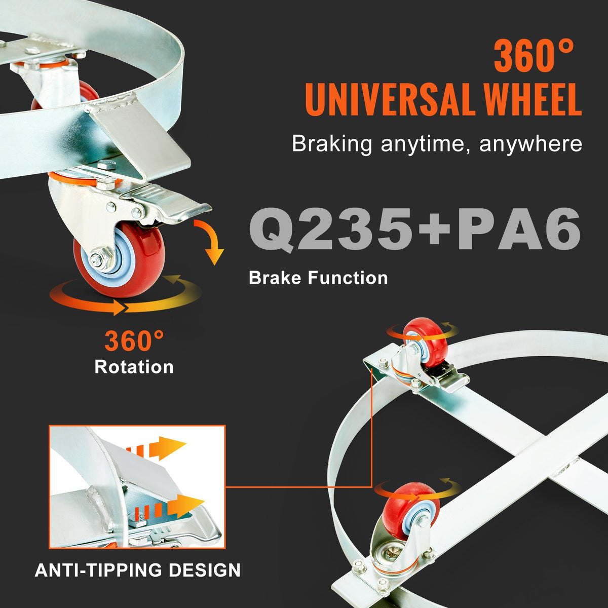 2PCS 250L Heavy Duty Drum Dolly 454 kg Load Capacity Steel Frame 4 Swivel Caster