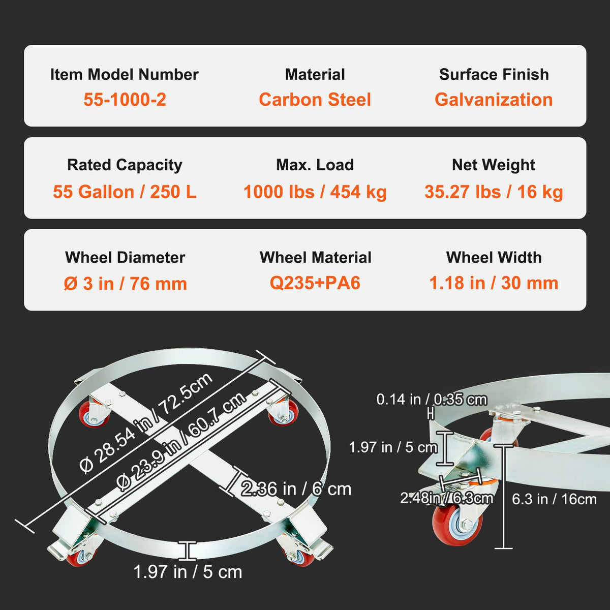 2PCS 250L Heavy Duty Drum Dolly 454 kg Load Capacity Steel Frame 4 Swivel Caster