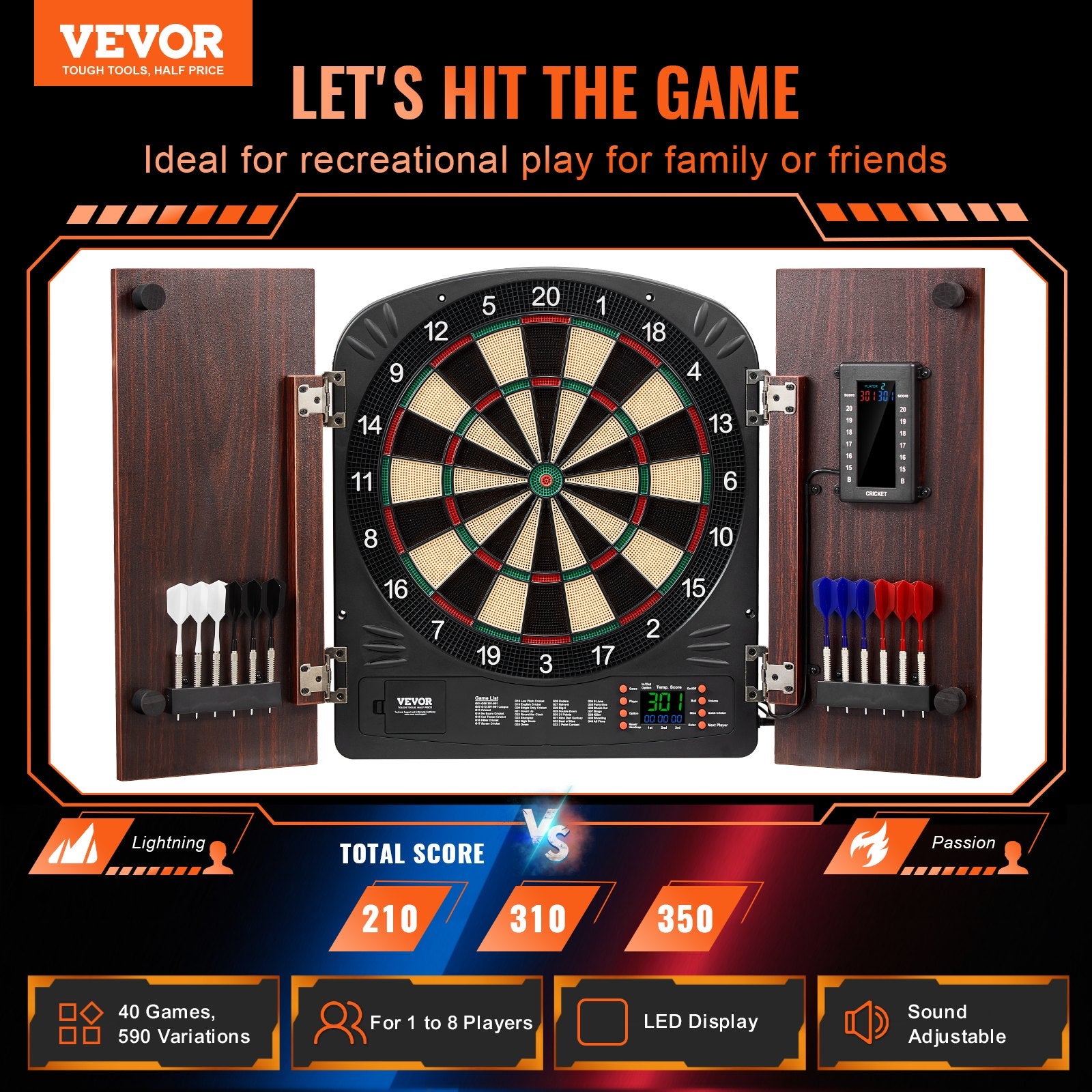 Dartboard Cabinet Set Electronic Scoring Soft Tip 13.5" LED Game Bundle