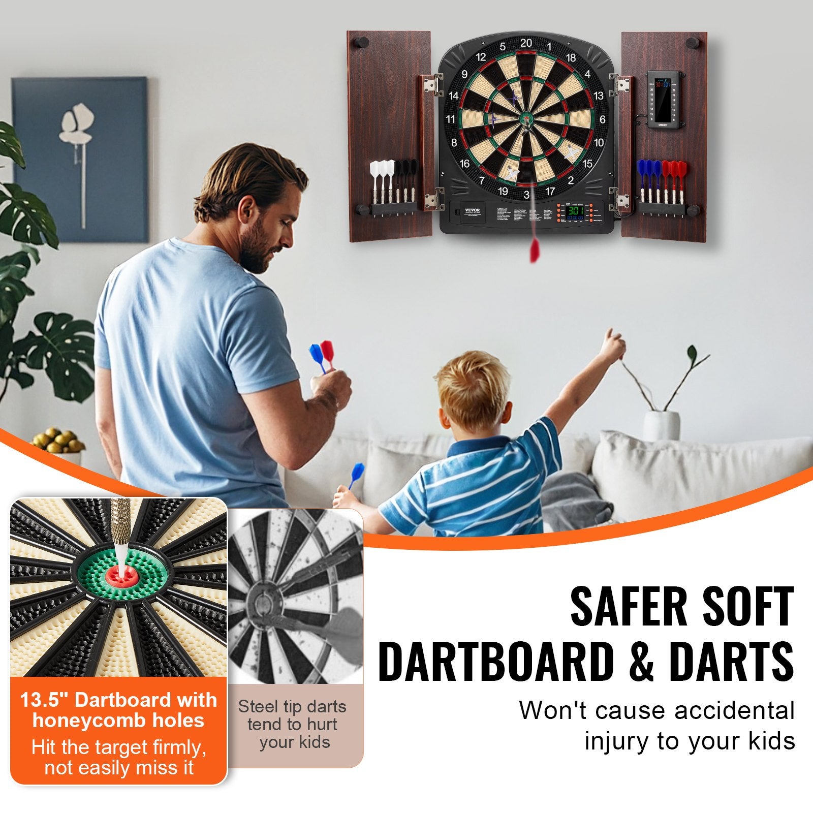 Dartboard Cabinet Set Electronic Scoring Soft Tip 13.5" LED Game Bundle