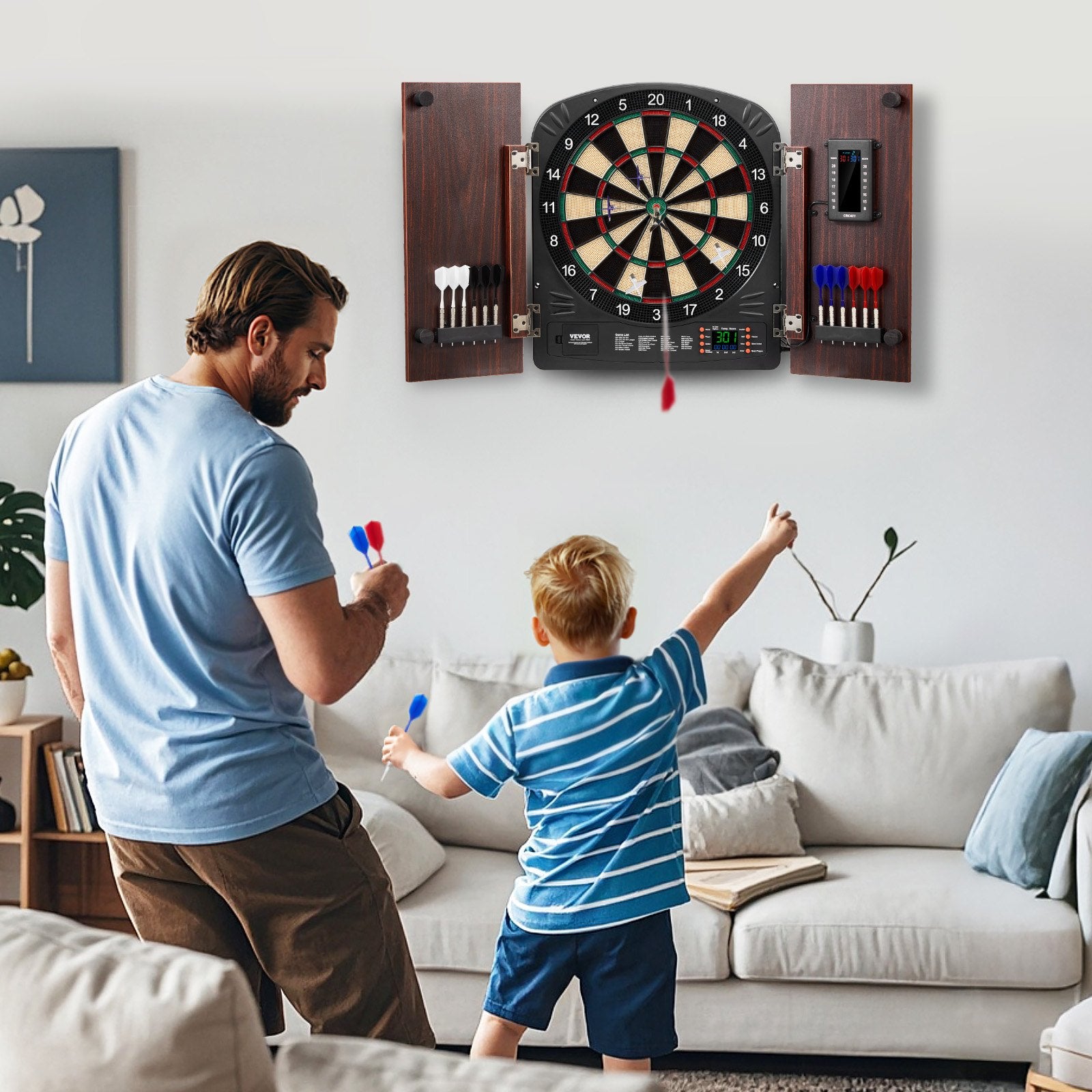 Dartboard Cabinet Set Electronic Scoring Soft Tip 13.5" LED Game Bundle
