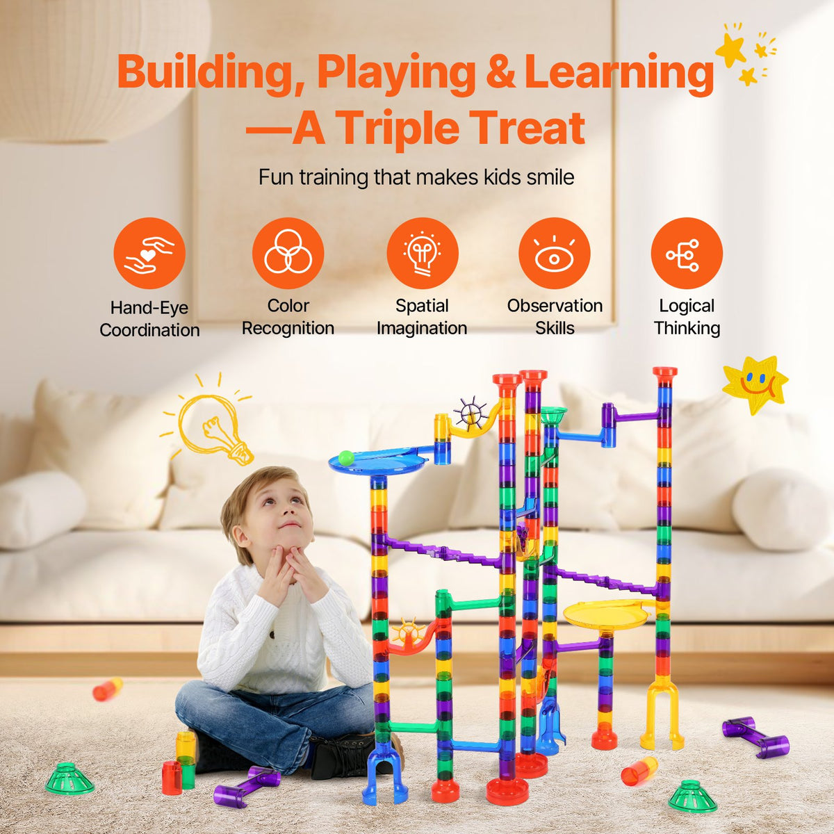 Marble Run Building Block STEM Toy Set with Glow Marbles Educational Maze Game