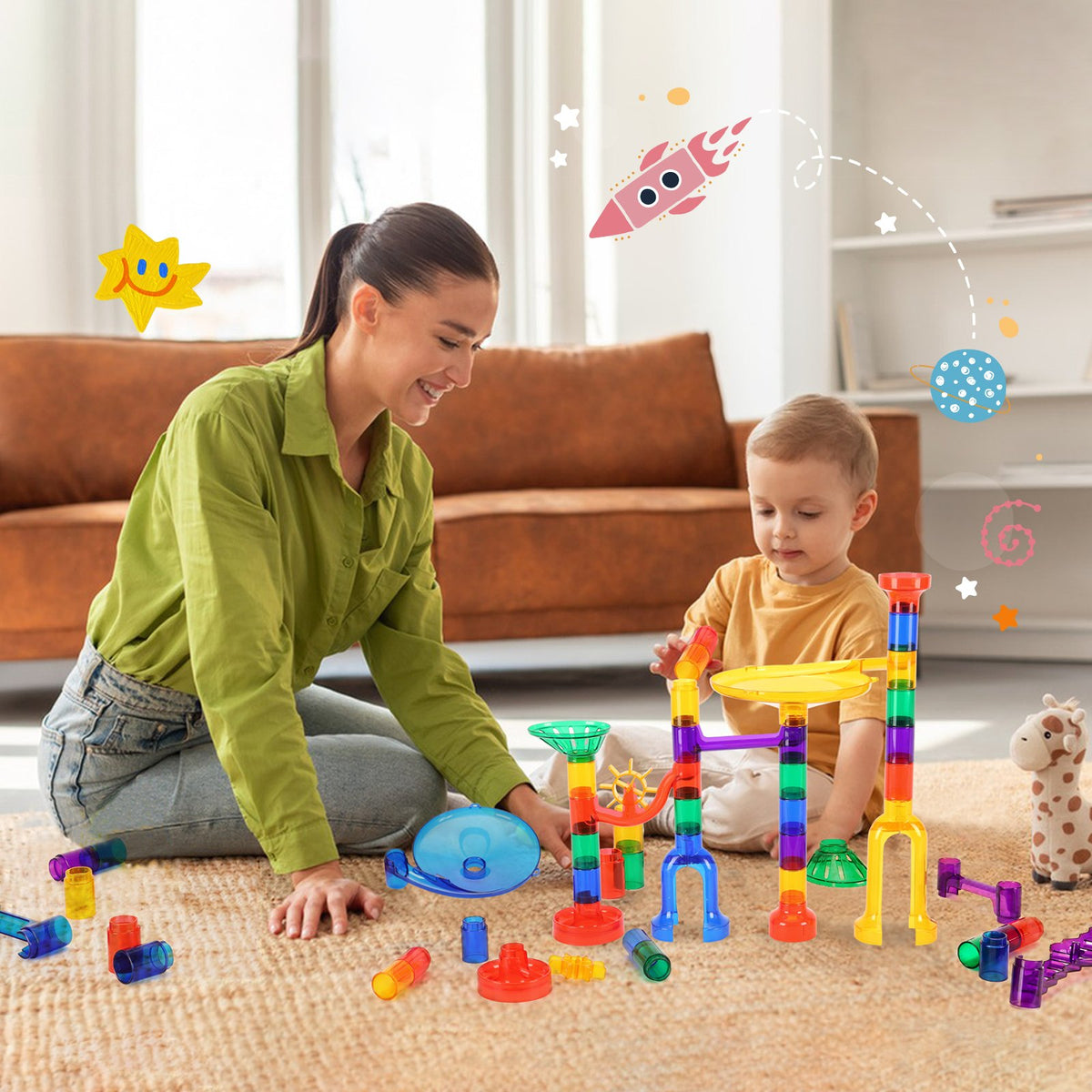 Marble Run Building Block STEM Toy Set with Glow Marbles Educational Maze Game