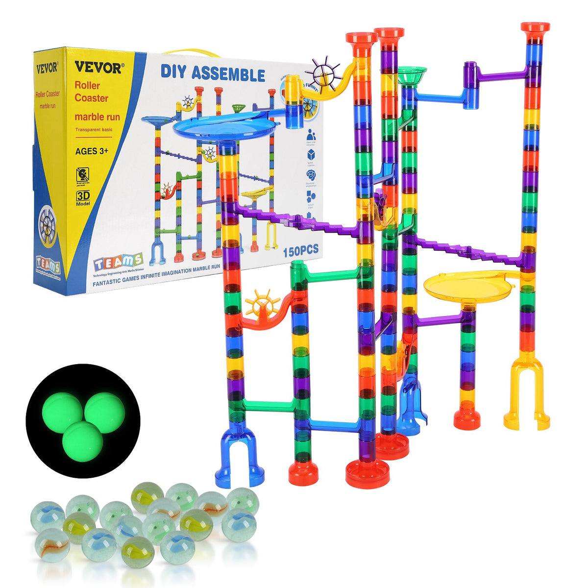 Marble Run Building Block STEM Toy Set with Glow Marbles Educational Maze Game