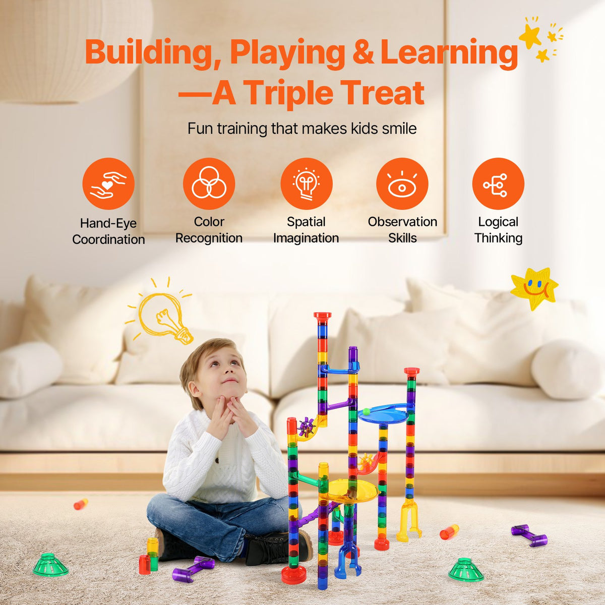 Marble Run Building Block STEM Toy Set with Glow Marbles Educational Maze Game