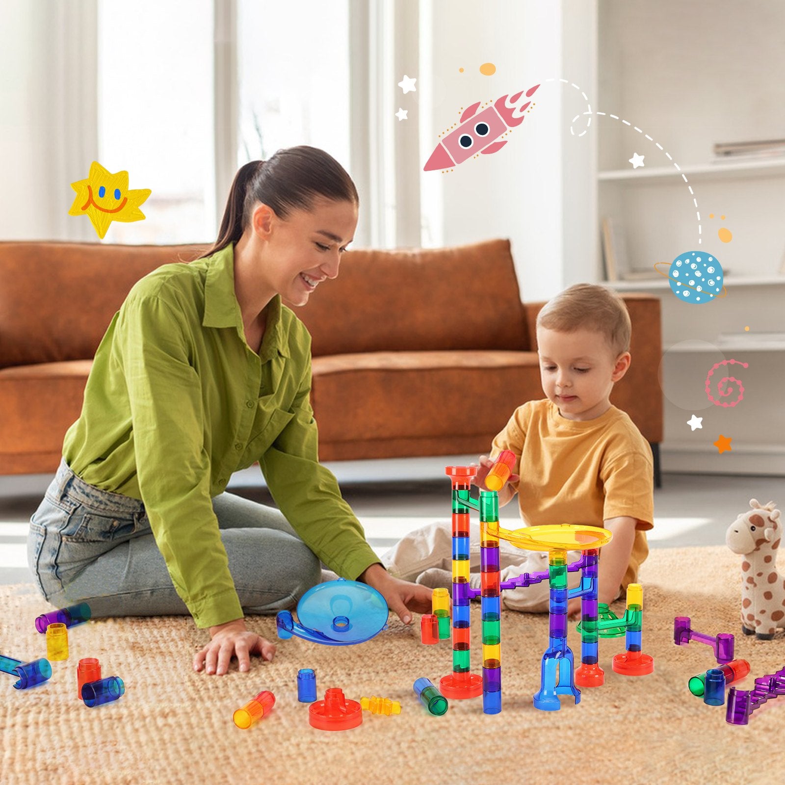 Marble Run Building Block STEM Toy Set with Glow Marbles Educational Maze Game