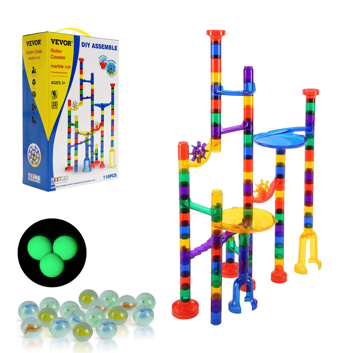 Marble Run Building Block STEM Toy Set with Glow Marbles Educational Maze Game