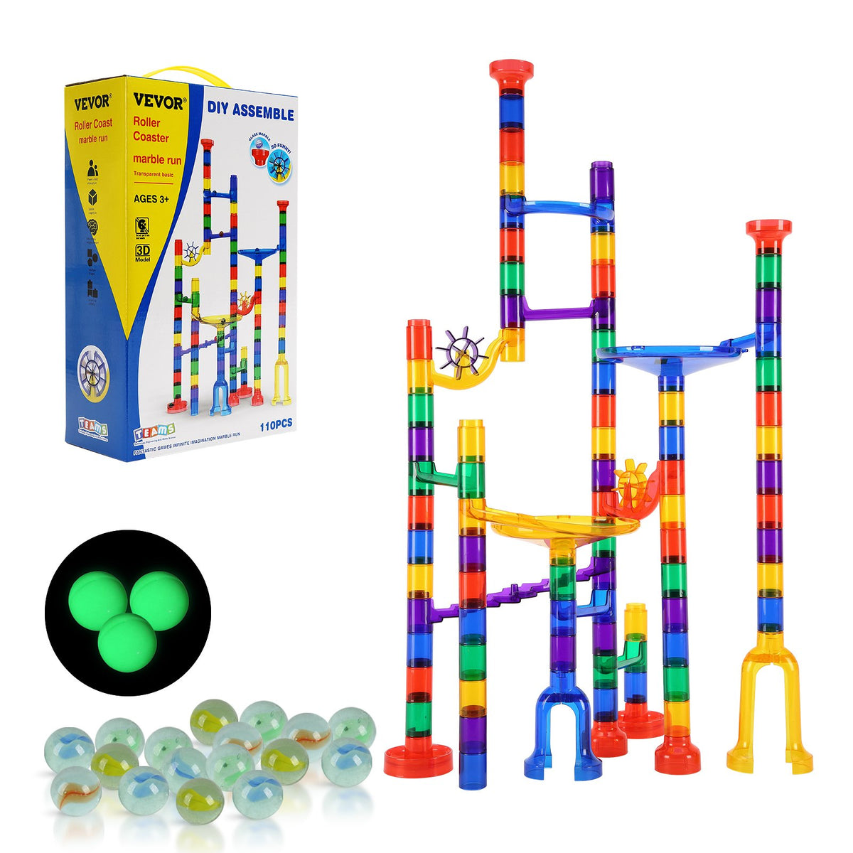 Marble Run Building Block STEM Toy Set with Glow Marbles Educational Maze Game