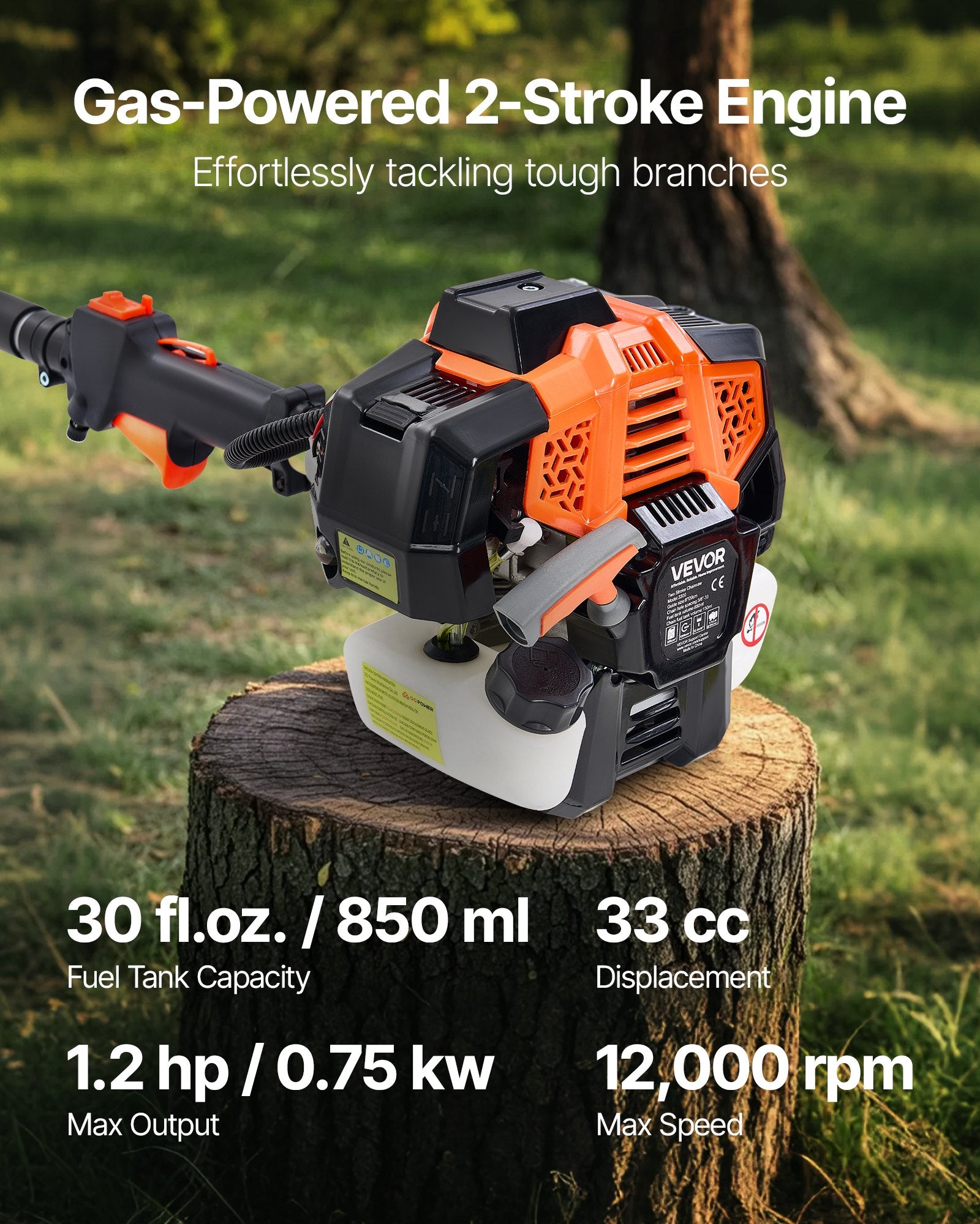 Gas Pole Saw 33CC 2-Stroke with 20.3cm Bar 2-3.5m Extendable Chainsaw