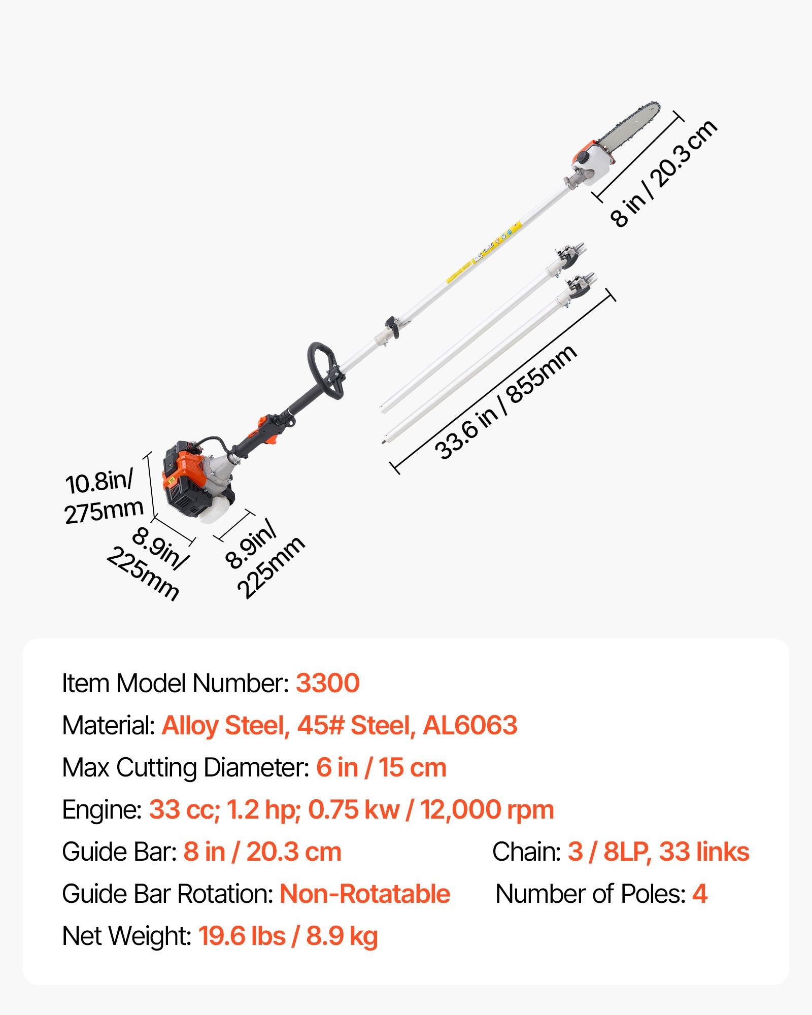 Gas Pole Saw 33CC 2-Stroke with 20.3cm Bar 2-3.5m Extendable Chainsaw