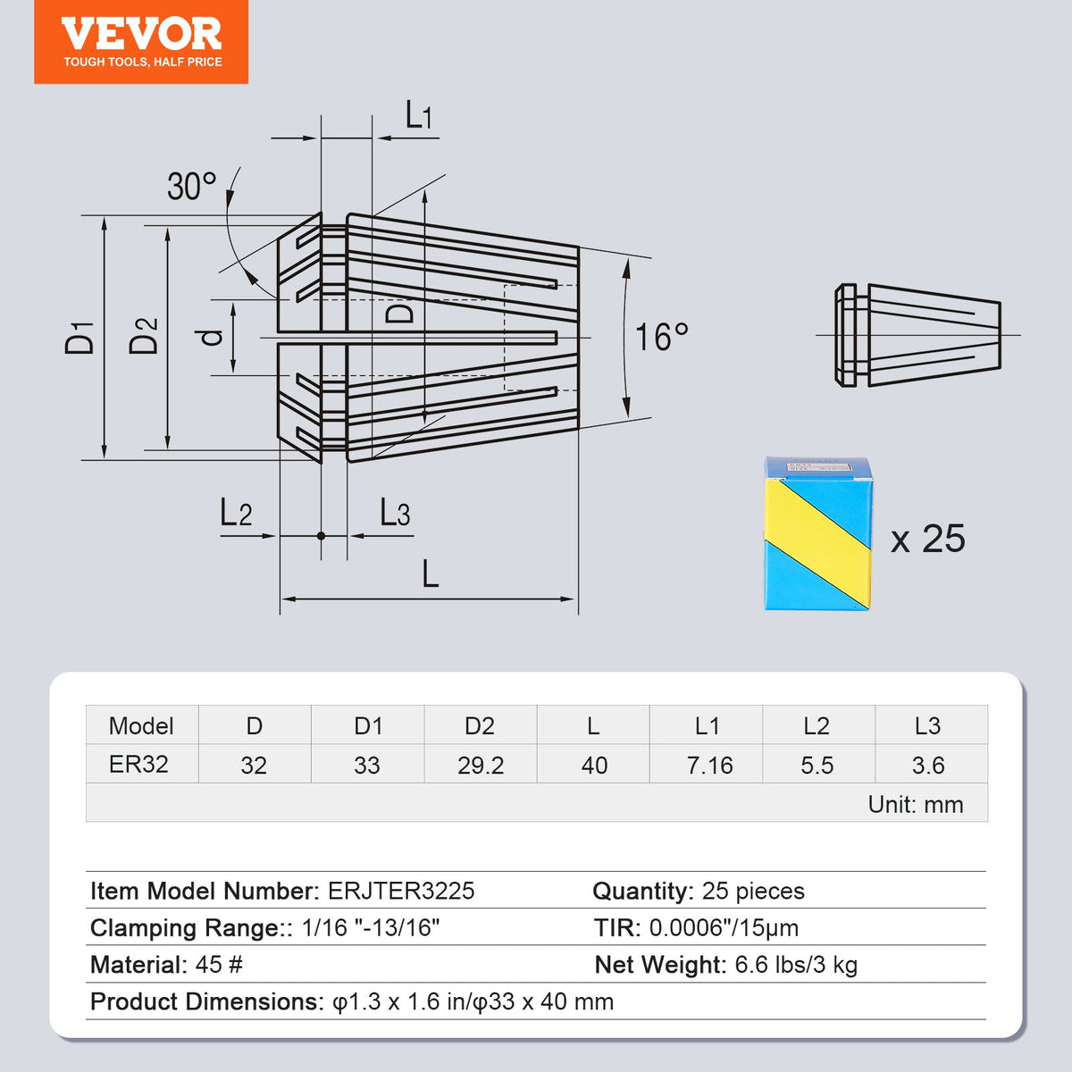 25Pcs ER32 Collet Set 1/16 to 13/16 Precision 0.0006 TIR Chuck