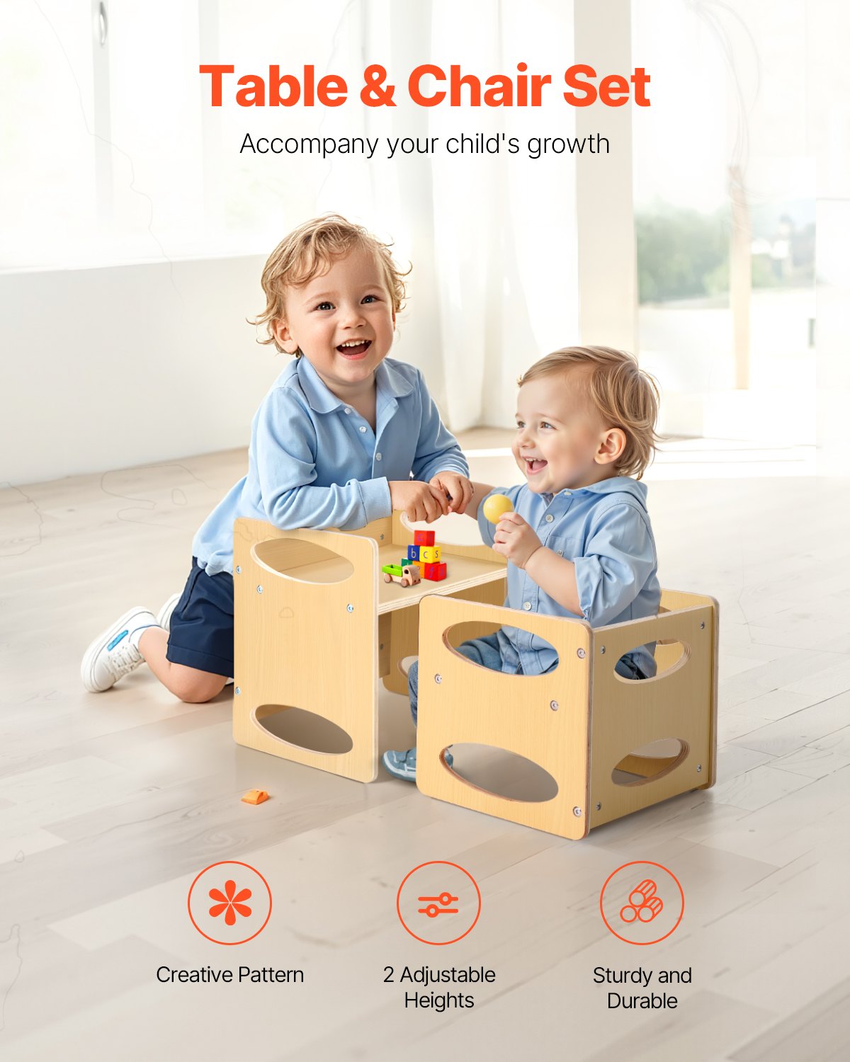 Montessori Weaning Table and Chair Set Wooden Adjustable Height Kids Natural