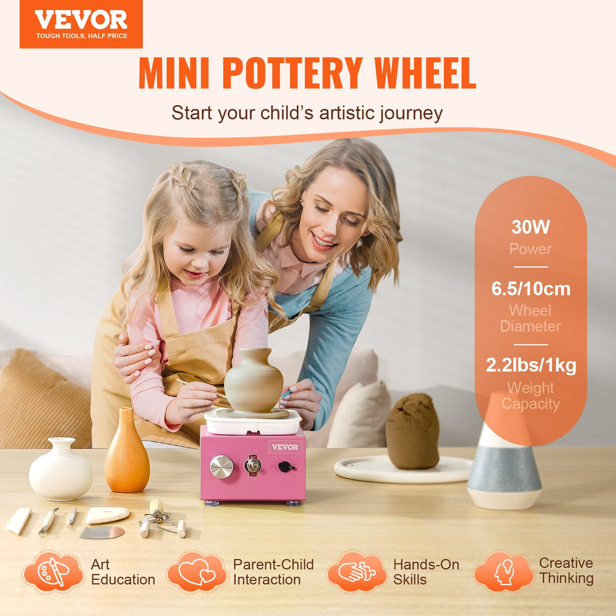 Mini Pottery Wheel 0-320RPM Adjustable, 2 Turntables with 18 Accessories, Pink