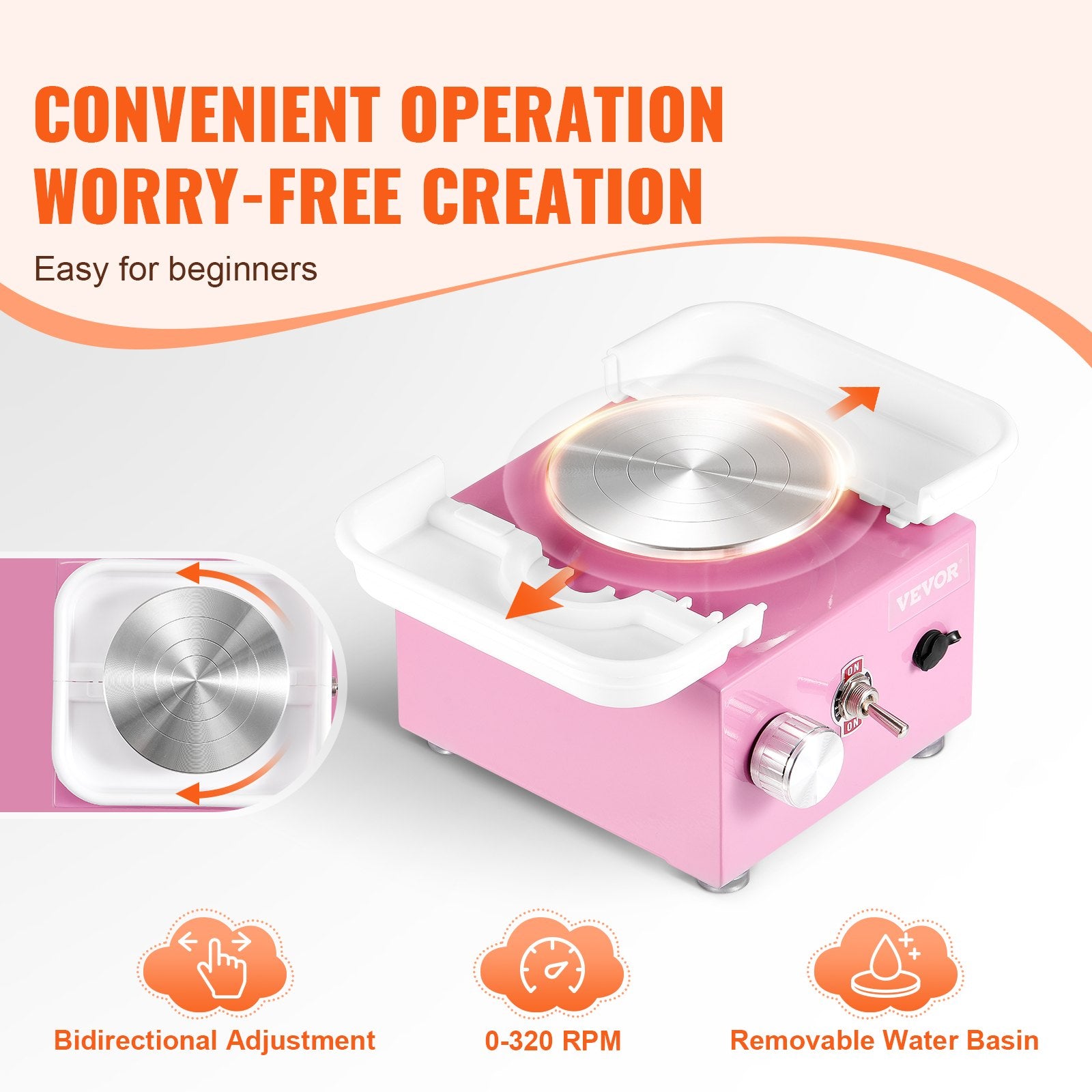 Mini Pottery Wheel 0-320RPM Adjustable, 2 Turntables with 18 Accessories, Pink