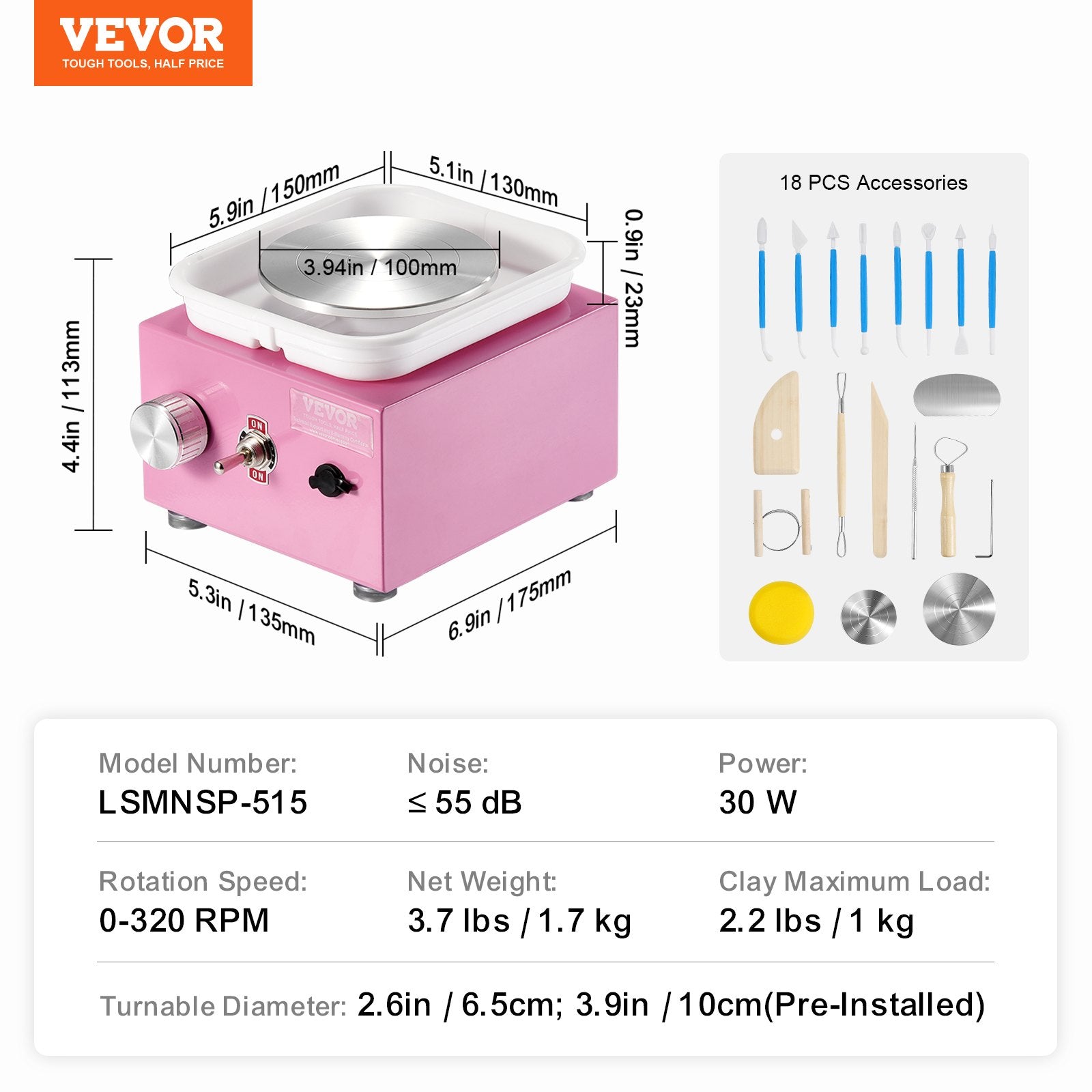 Mini Pottery Wheel 0-320RPM Adjustable, 2 Turntables with 18 Accessories, Pink