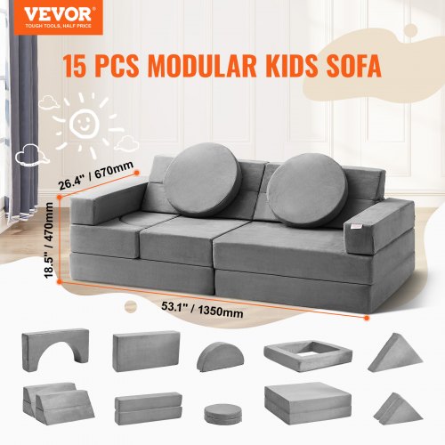 VEVOR 15pcs Modular Kids Nugget Couch Foam Sofa High Density 25D Sponge
