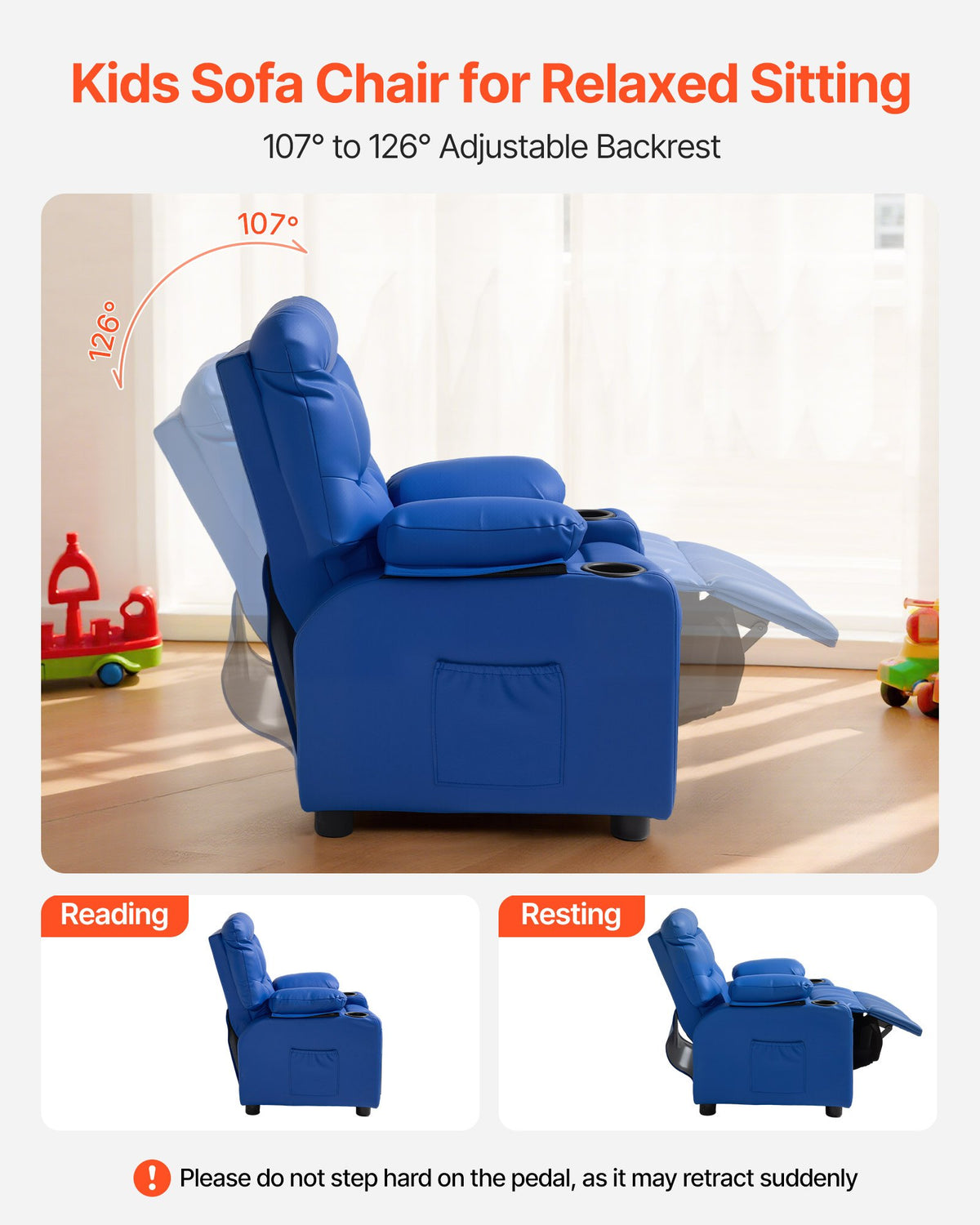 Kids Reclining Chair PU Leather Adjustable Back with Footrest Cup Holders Blue