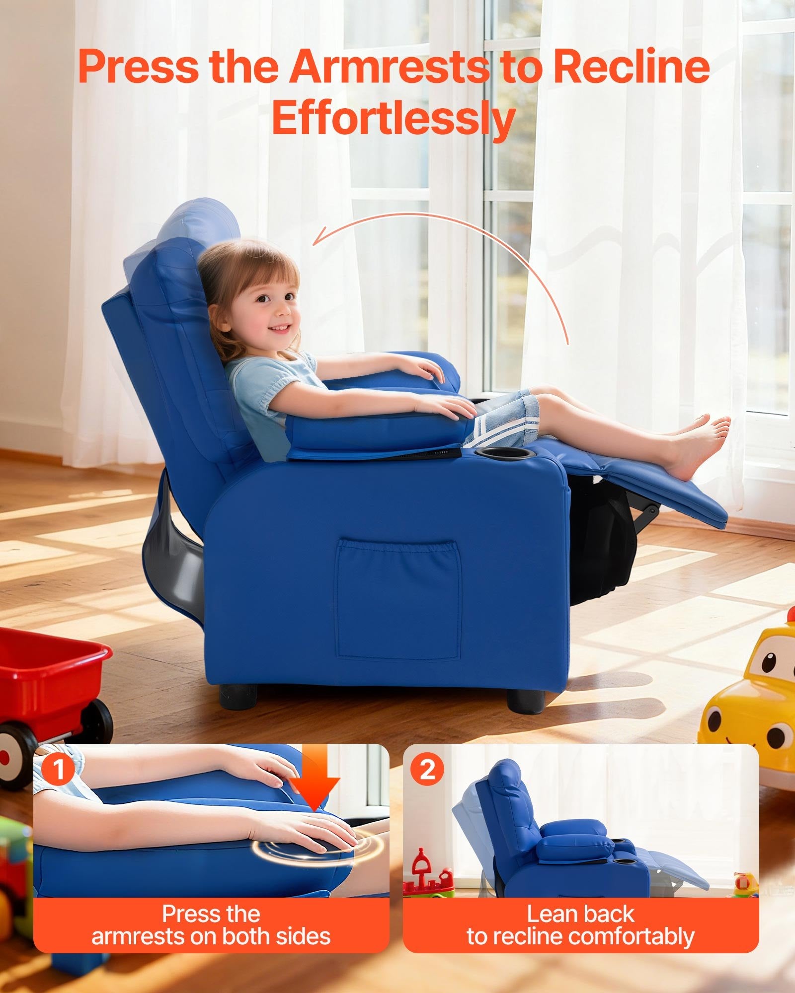 Kids Reclining Chair PU Leather Adjustable Back with Footrest Cup Holders Blue