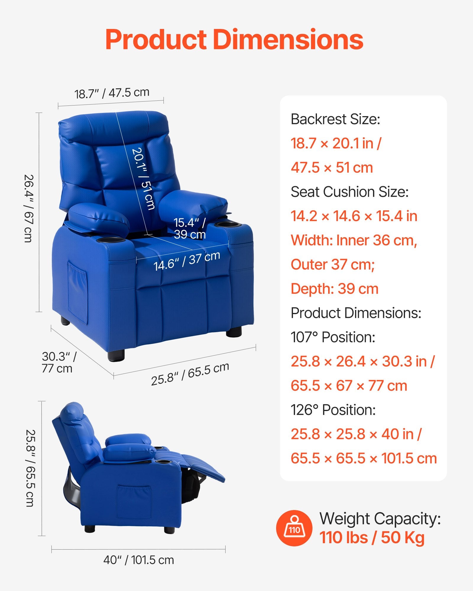Kids Reclining Chair PU Leather Adjustable Back with Footrest Cup Holders Blue