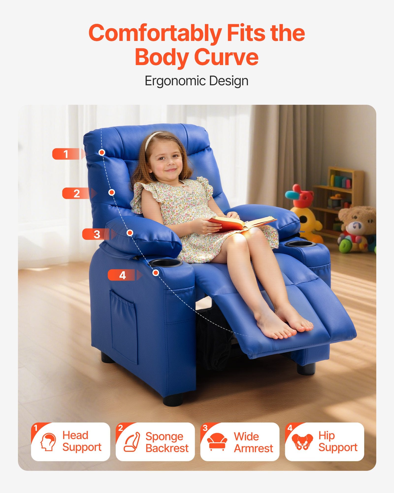 Kids Reclining Chair PU Leather Adjustable Back with Footrest Cup Holders Blue
