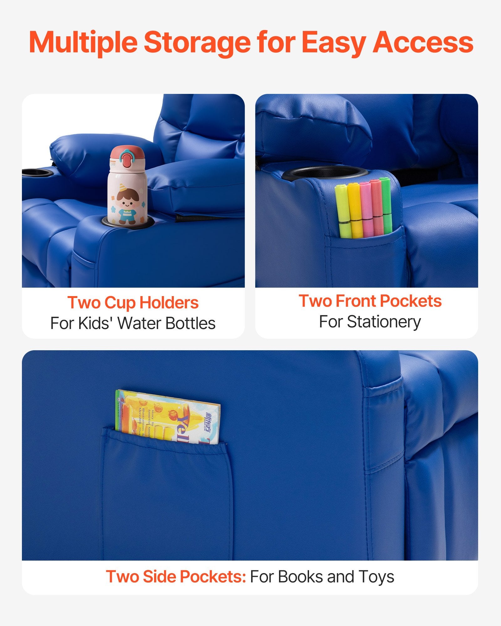 Kids Reclining Chair PU Leather Adjustable Back with Footrest Cup Holders Blue